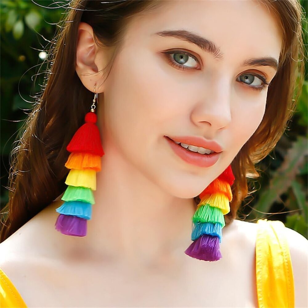 3 Tier Layered Colorful Tassel Earrings Bohemian Big Dangle Drop Fashion Jewelry - Picture 4 of 5